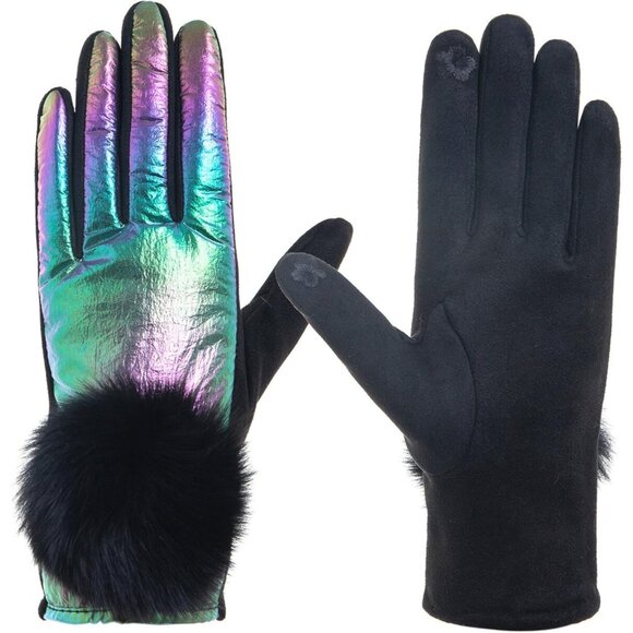 Women's Faux Leather Purple Fleece Fur Cuffs Touchscreen Winter Warm Gloves
